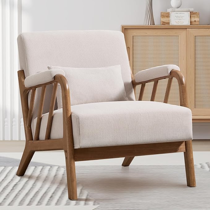 Bonzy Home Mid Century Modern Accent Chair Upholstered Arm Chair Solid Wood Comfy Reading Chairs with Lumbar Pillow for Living Room Bedroom Reading Room Beige