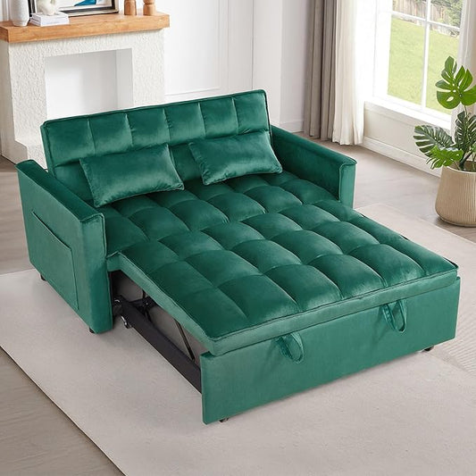 54 Convertible Sofa Bed Velvet Sleeper Sofa with Pull-Out Bed 3-in-1 Futon Couch with Reclining Backrest and Side Pocket Modern Loveseat for Living Room (Dark Green)