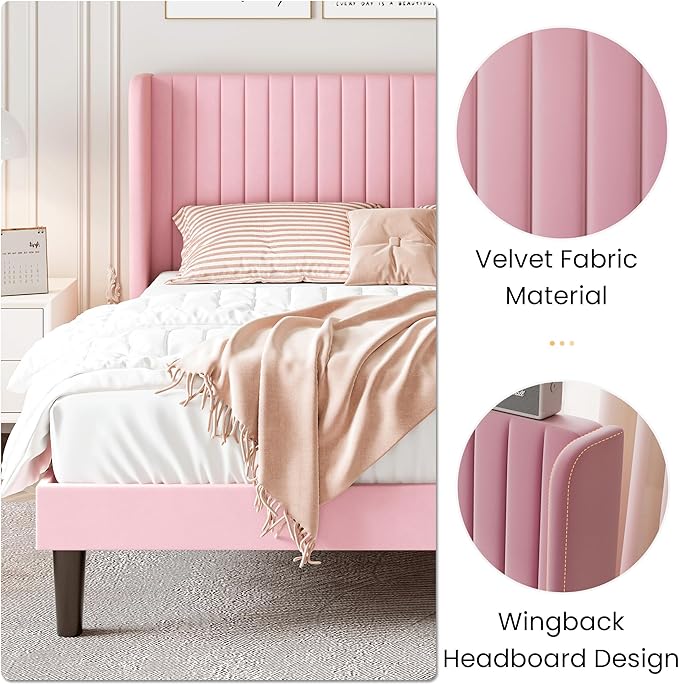 SHA CERLIN King Size Velvet Bed Frame with Vertical Channel Tufted Wingback Headboard Upholstered Platform Bed with Wood Slats No Box Spring Needed Easy Assembly Pink
