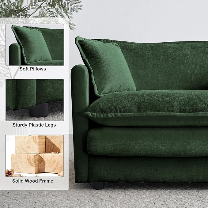 KIVENJAJA Chenille Modular Sectional Couch Modern 3 Seater Comfy Deep Seat Cloud Sofa with 5 Pillows for Living Room Bedroom Office Apartment 111.5”W Green