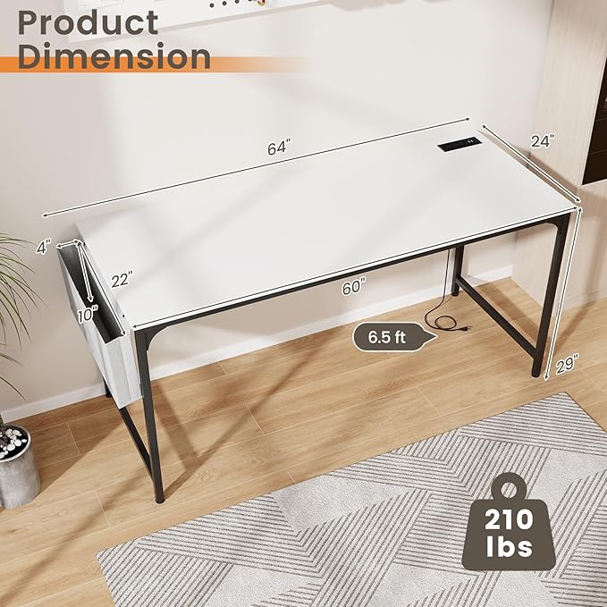 COSTWAY Home Office Desk 32 Inch Computer Desk with Recessed Power Strip Storage Bag &amp Headphone Hook Wide Desktop Modern Computer Workstation Writing Table for Home Office (White + Black)