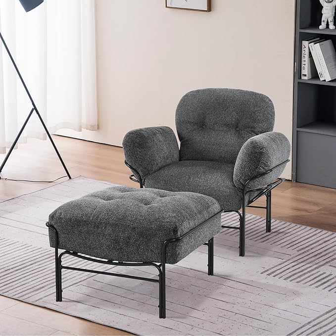 MCombo Modern Accent Chair with Ottoman Chenille Upholstered Leisure Sofa Chair for Small Space Living Room &amp Bedroom 4071 (Grey)