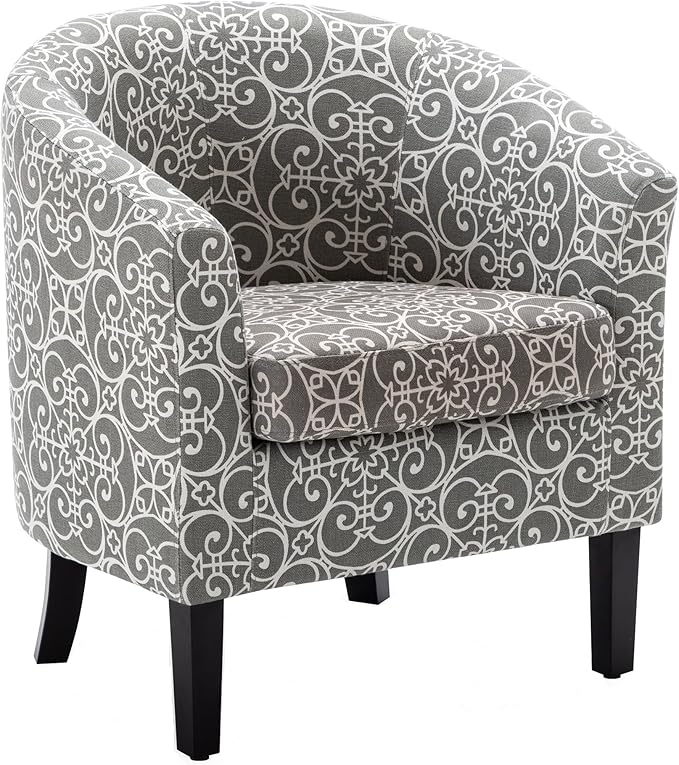 BELLEZE Accent Barrel Chair Linen Round Chair Club Tub Sofa Corner Chair with Flared Legs and Cozy Soft Padding for Living Room Bedroom Waiting Room - White &amp Gray