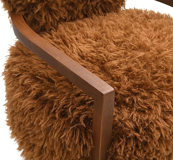 Modern Luxury Reading Chair with Wooden HandrailComfortable Faux Fur Side Chair Accent Chair for ApartmentLiving RoomOfficeStudyCamel+Brown