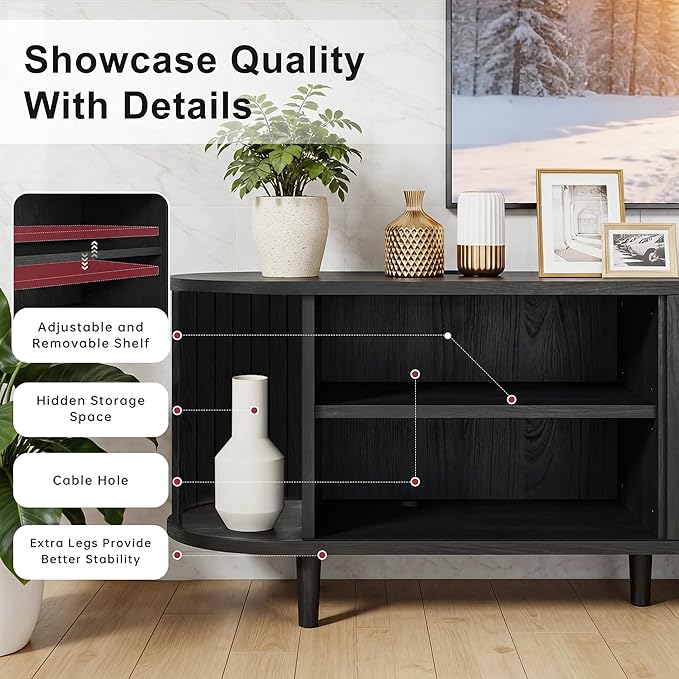 70 Mid Century Modern TV Stand Wood TV Consoles with Sliding Doors and Power Outlet Fluted Entertainment Center with Adjustable Shelves Media Console for Living Room Black