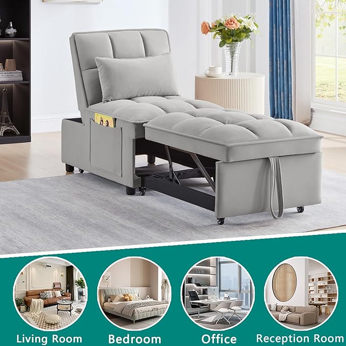 4 in 1 Bouncer with Pull-Out Bed Convertible Slip on Sofa Chair with Storage Pockets and Adjustable Backrest Comfortable Folding Footrest Bed Living Room (Gray)