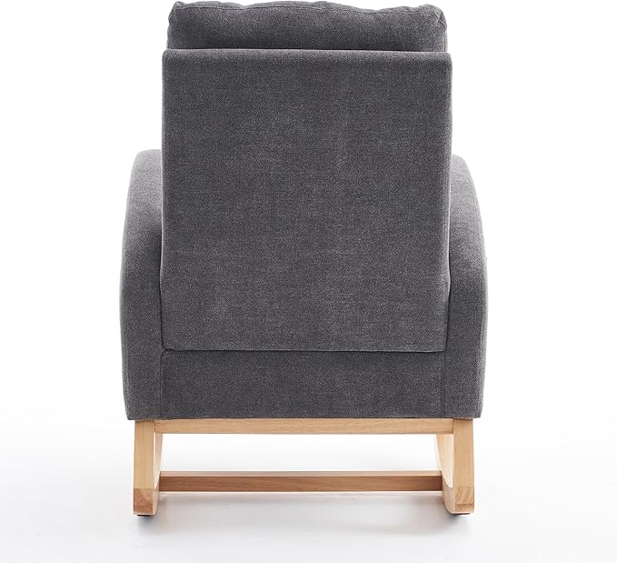 Comfortable Gray Upholstered Rocking Chair with Storage &amp Footrest High Back Solid Wood Legs - Living Room Armchair Bedroom Nursery Rocker