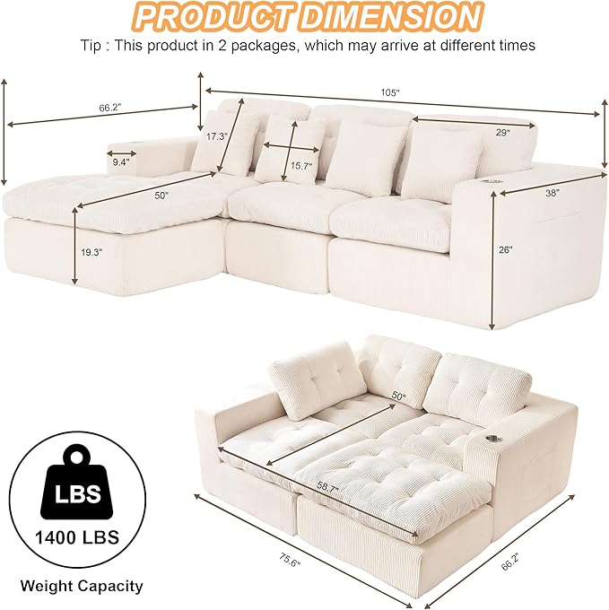 105 L Shaped Modular Sectional Sofa with OttomanCloud Boneless Couches for Living RoomCorduroy Comfy Couch with Chaise and Cup HolderUpholstered Sofa in A Box No AssemblyBeige