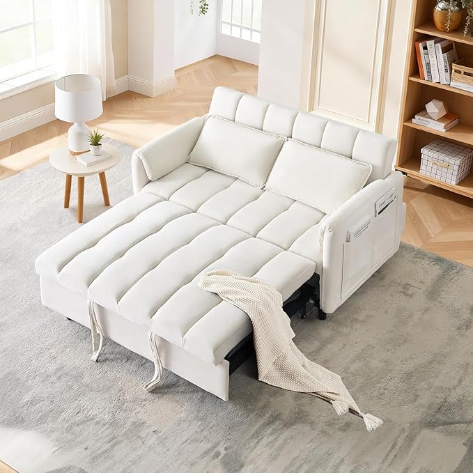 3 in 1 Convertible Sleeper Sofa Bed Modern Velvet Loveseat Pull-Out Couch w/Pullout Bed Small Love Seat Lounge Sofa w/Reclining BackrestToss Pillows Pockets for Living Room