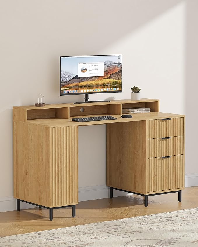 55'' Fluted Executive Desk with Drawers Modern Home Office Computer Desk with Charging Station File Drawer Monitor Stand Storage Shelf for Work Writing Study Natural Oak