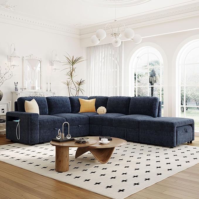 L-shaped Oversized Modular Padded Cloud Sectional Fabric Sofa Set with Pull Out Bed Convertible Sectional Couches with Storage Space USB Ports and Cup Holders for Living Room Office Blue