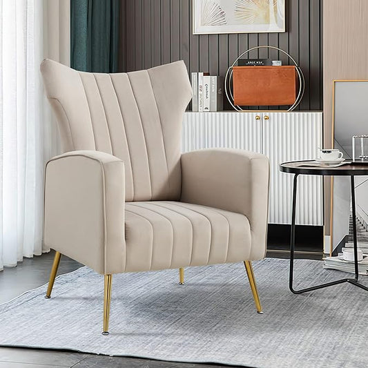 Generic Modern Velvet Accent Chair with Arms Wingback Reading Chair with Gold Metal Legs Comfy Upholstered Single Leisure Sofa for Living Room Bedroom ClubVelvetGrey