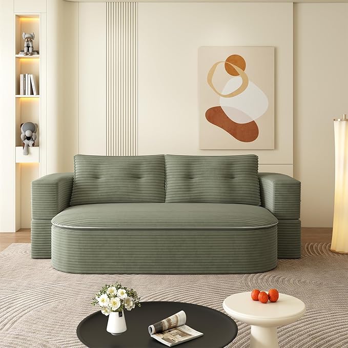 78.7 W Convertible Folding Sofa Bed Corduroy Futon Loveseat Sleeper Couch Bed with Blanket Full Size Compression Foam Floor Couch Boneless Foldable Mattress for Living Room Bedroom Green