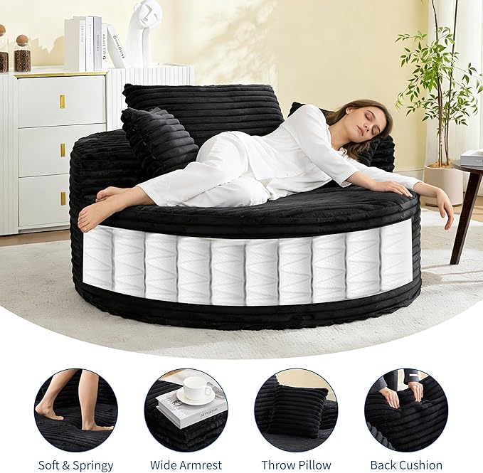 Garvee 55 Round Oversized Chaise Longue Chair Indoor Corduroy Upholstered Boneless Cloud Couch Deep Seat Sleeper Floor Sofa Chair for Living Room Bedroom Apartment Black