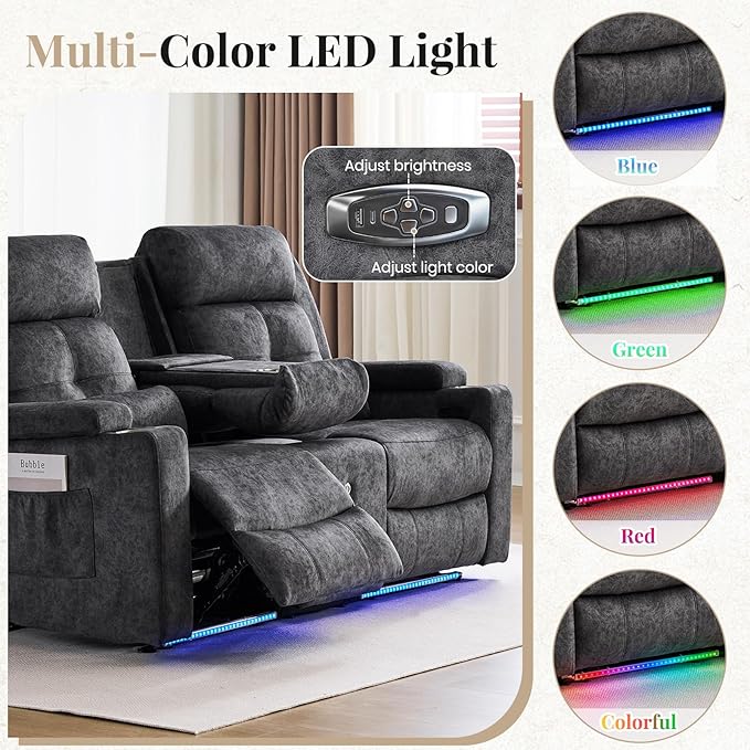 Power Reclining Loveseat Sofa with Bluetooth Function One-Touch Home Theater Seating Couch with LED Light/Console/StorageRV Wall Hugger Double Recliner for Living Room&ampHome Theater(Velvet Gray)