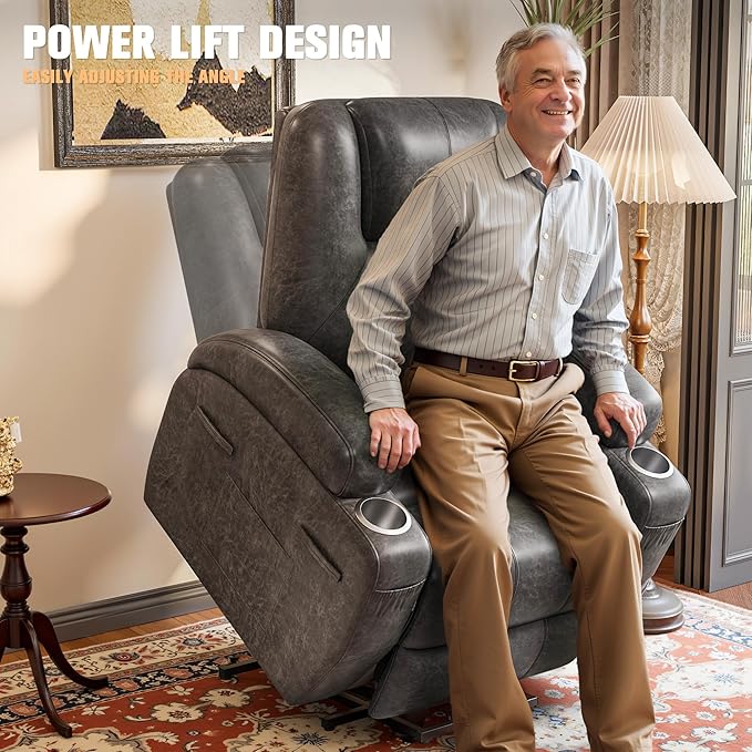 Flamaker Power Lift Recliner Chair Electric Lift Recliner for Elderly Power Lift Recliner Chair with Cup Holders Side Pockets for Living Room (Leathaire Light Black)