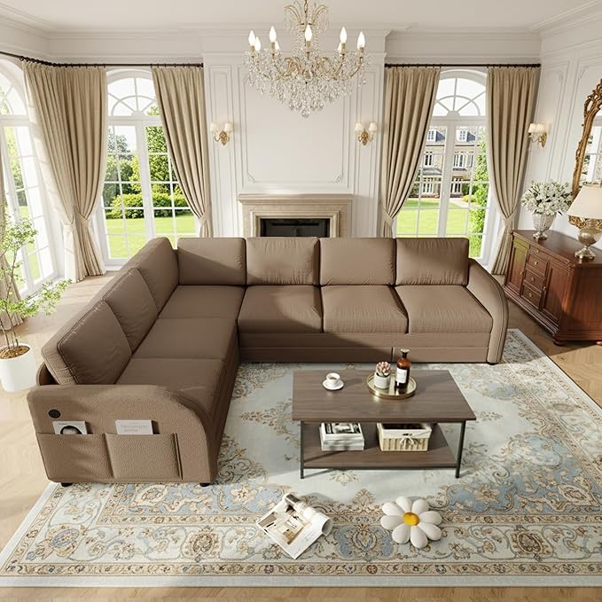 115.2 L Shaped Couch Bed Sectional Couches for Living Room Teddy Fabric Sleeper Sofa Bed with Pull Out Couch Convertible Sectional Couch with Charging Station &amp Side Pocket Brown