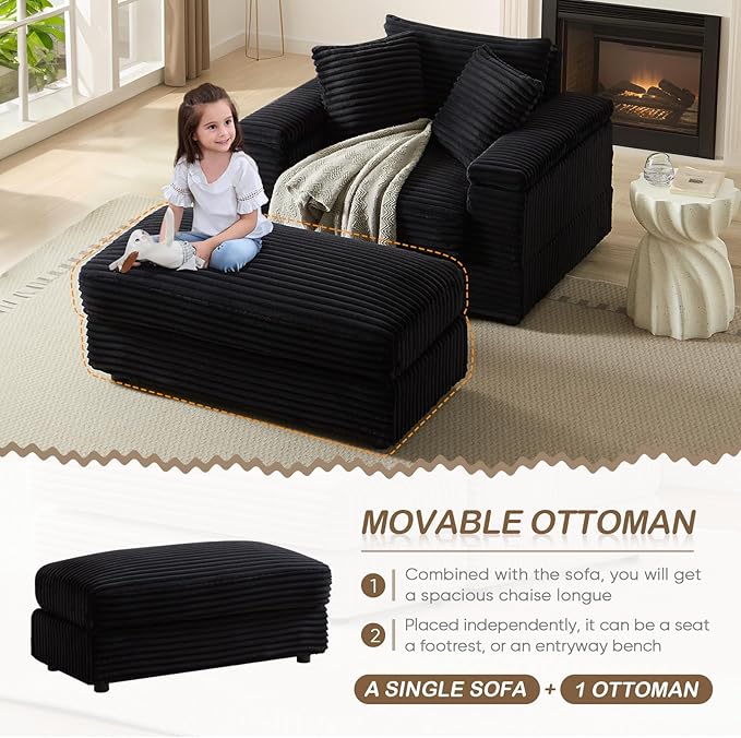 Chaise Lounge Chair Indoor 44 Inch Comfy Corduroy Sectional Cloud Couch Upholstered Single Sofa w/Movable Ottoman for Living Room Bedroom Apartment Black