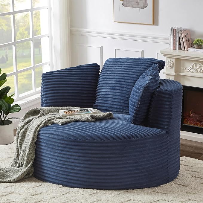 Round Chair Lounge Chaise Indoor 48.8 Oversized Sofa Chair Upholstered Corduroy Deep Seat Sleeper Sofa Bed No Assembly Required for Living Room Bedroom Apartment Blue
