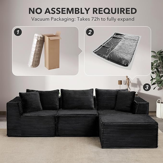 107 Modular Sectional SofaModern Cloud Sectional Couch with Deep Seat L-Shape Boneless Couch with Chaise for Living Room Apartments Bedroom No Assembly Required (3 Seater + 1 Ottoman)Black