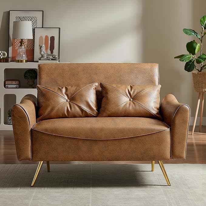 Brelice 48 Faux Leather Loveseat Sofa Modern Small Couch for Small Space with 2 Pillows 2 Seater Couch for Living Room Bedroom Office Apartment (Brown)