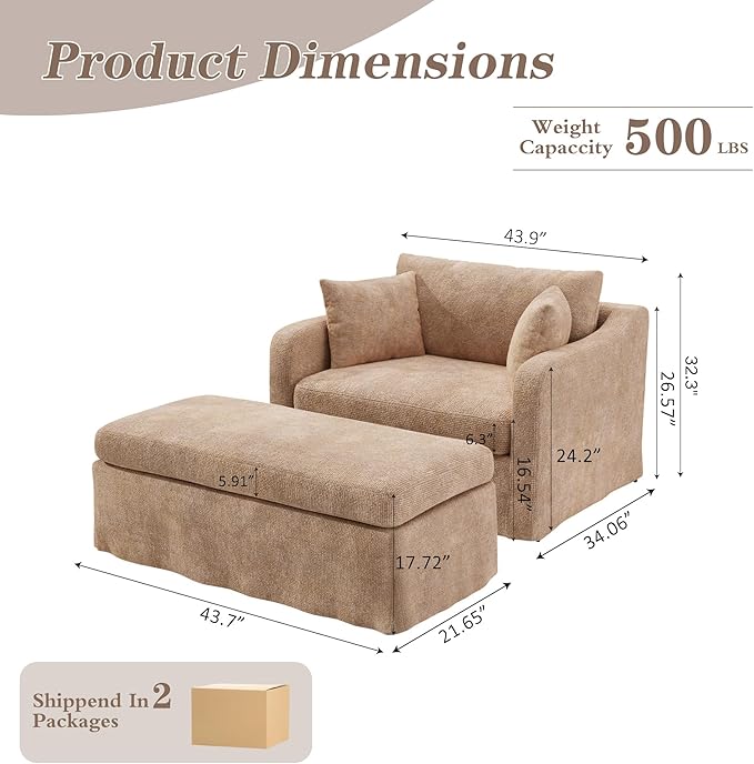 Mlmh &amp Kngwa Chenille Oversized Armchair with Ottoman 45.27 W Comfy Reading Chair and Ottoman Set Big Cozy Chair with 3 Pillows for Living Room Bedroom Reading Nook Wheat