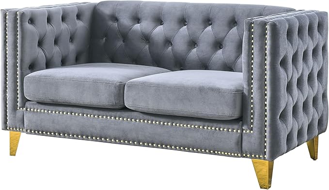 KEIKI Tufted Velvet 2 Seat Sofa Couch for Living Room Buttons Tufted Square Arm Couch for Home Apartment Gray