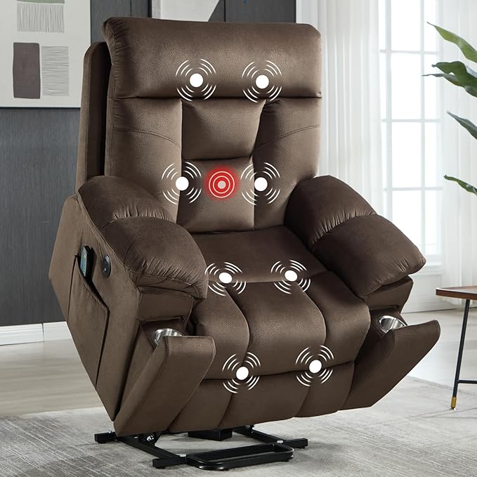 CANMOV Large Power Lift Recliner Chair with Massage and Heat for Elderly Big and Tall People Overstuffed Wide Recliners with 2 Cup Holders Side Pocket and USB Port Dark Brown