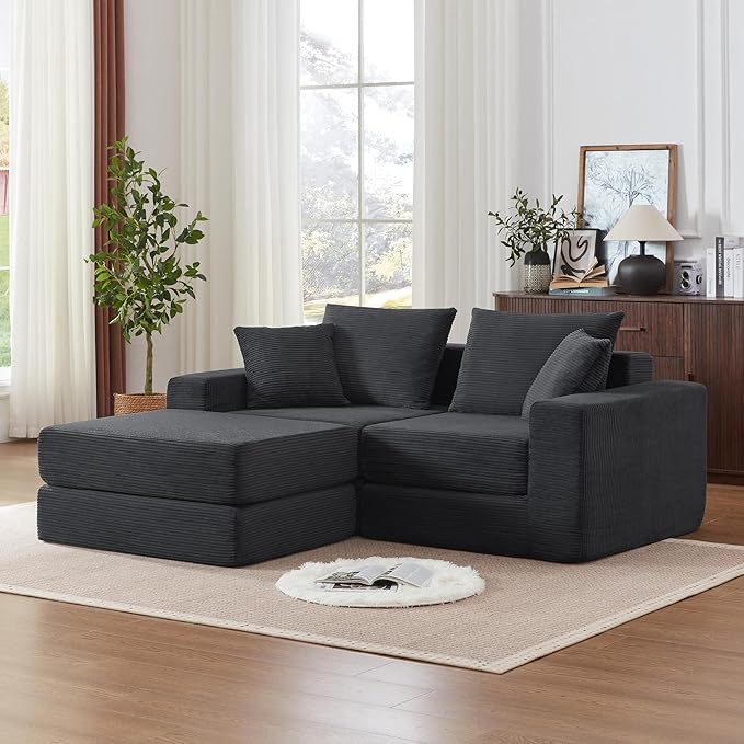 Modular Sectional Sofa with Convertible Sleeper Corduroy Fabric 2-in-1 Couch Bed with Reversible Chaise Adjustable Modular Sofas for Living Room Gray