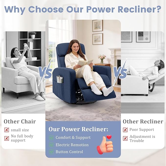 Power Swivel Recliner Chairs for Adults Electric Glider Rocking Chair Nursery Glider Recliner Nursery Chair with Classified Side Pocket Nursery Rocking Chairs with USB and Type-C Ports