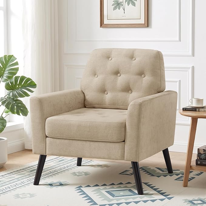 Accent Chair for Living Room Mid Century Modern Reading Chair Upholstered Armchair with Tufted Back &amp Wood Legs Single Sofa Side Chair for Bedroom Small Room Office Apartment Light Brown
