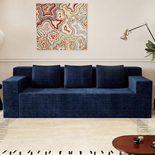 Boneless Couches for Living Room 71 Modern 3 Seater Sofa with Deep Seat Comfy Cloud Couch Sofa with Corduroy Fabric Memory Foam Floor Sofa with ArmrestsNo Assembly Required (Blue) | Deep Seat Co