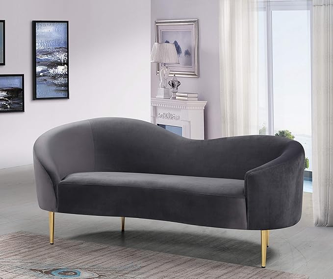 Meridian Furniture Ritz Collection Modern | Contemporary Velvet Upholstered Loveseat with Sturdy Metal Legs in Rich Gold Finish Grey 67 W x 31.75 D x 30.5 H