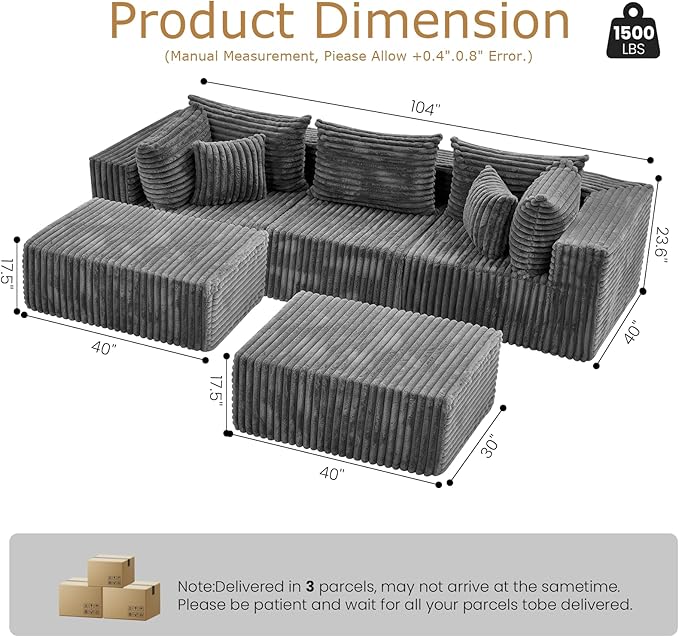 104 Grey Boneless Couches for Living Room Modular Sectional Sofa with Deep Seat Comfy Plush Cloud Couch with U-Shaped Chaise Corduroy Compressed Foam Sofa for Bedroom Living Room