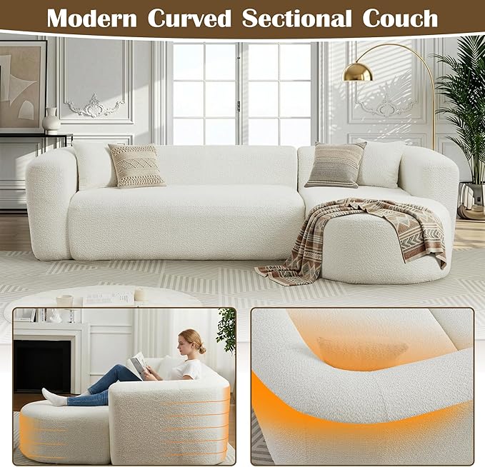 110 Inch Boneless Couches for Living Room Modern Modular Sectional Curved Sofa with Chaise Minimalist L-Shape Cloud Sectional Couch No Assembly Required (Beige Right Facing Chaise)