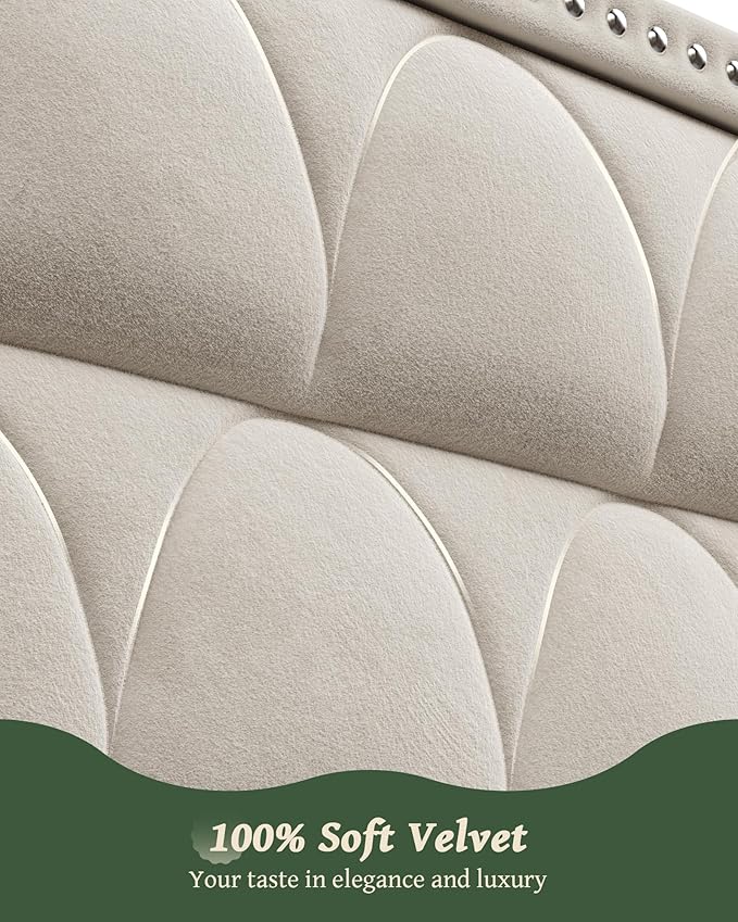 Queen Size Bed Frame with 56 Headboard - Velvet Upholstered Wingback Platform Bed Frame Noise Free Sturdy Wooden Slat Support (Cream Queen)