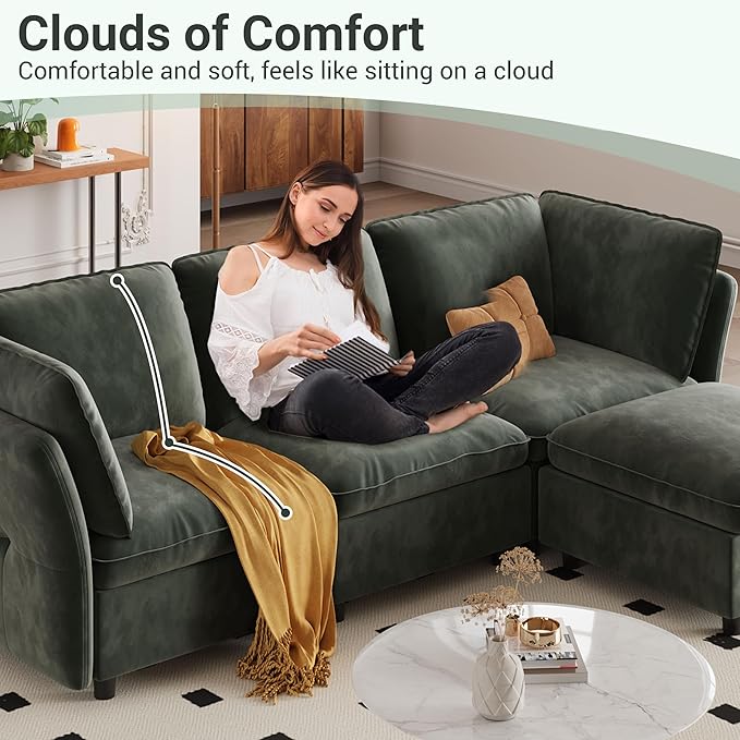 97 Modular L-Shaped Sectional Cloud Couch with Storage Ottoman - Velvet Deep Seating Sofa Set with Pillows Convertible 3-Seater for Living Room Apartment Office (Green)