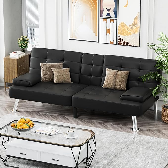 Homall Futon Sofa Bed Leather Futon Couch with Removable Armrests Adjustable Recliner Sleeper Sofa Bed with Dual Cup Holders for Living Room Apartment Office (Black)