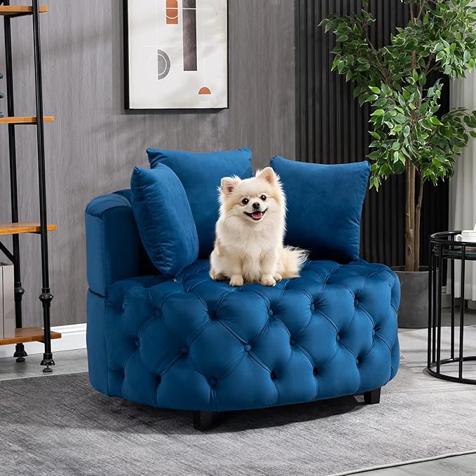mikibama 40.6'' W Oversized Barrel Chair Blue Accent Chair for Living Room Round Oversized Chair with 3 Pillows Deep Seat Extra Wide Velvet