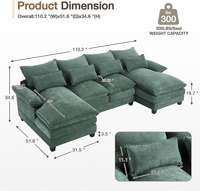 110.2 Modular U Shaped Cloud Couch Modern 4-Seat Chenille Upholstery Sectional Sofa with Double Chaise &amp Double Layer Cushions Deep Seat Comfy Couch for Living Room Bedroom Apartment Green