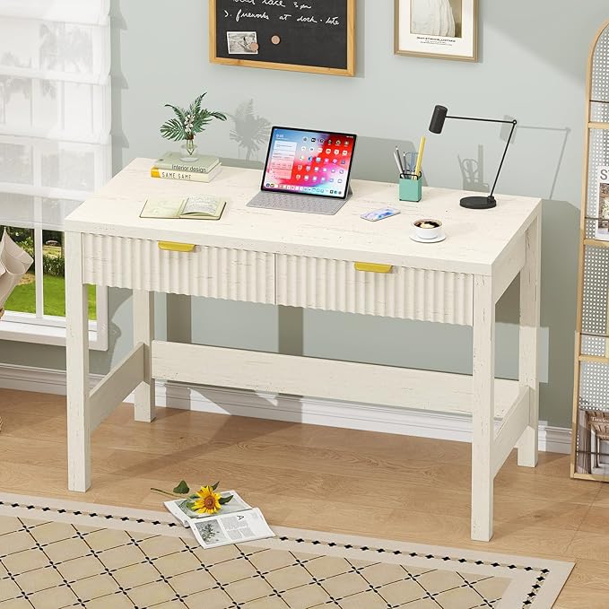 Fluted Computer Desk with 2 Drawers 39 Inch Small Computer Desk with Storage Compact Writing Study Vanity Desk for Small Spaces White