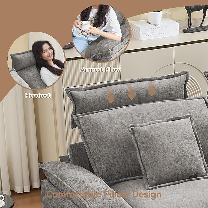 103'' Cloud Modern 3 Seater Couch with Detachable Headrest Modular Sectional Sofa with Ottoman Oversized L Shape Chenille Comfy Sofa with Armrests for Living Room Light Grey