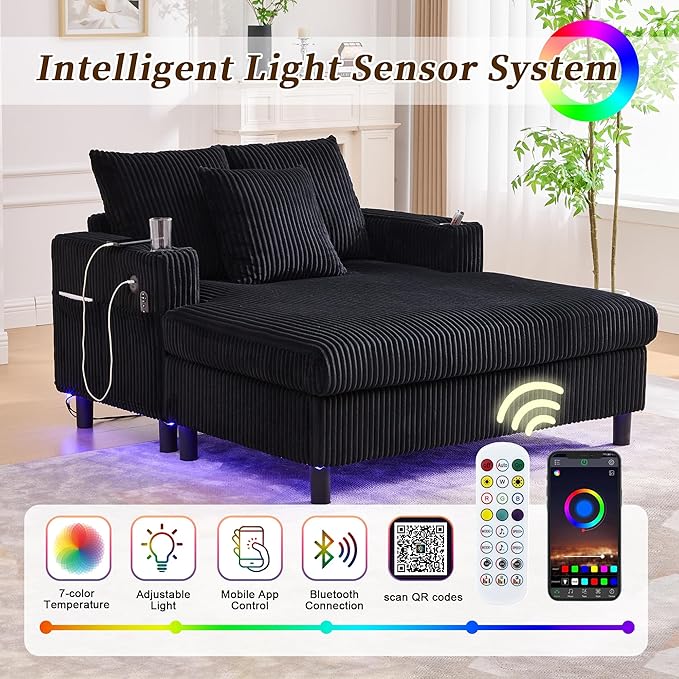 SLEERWAY Modern Corduroy Chaise Lounge Sofa Indoor - 55.9 Comfy Oversized Couch Bed with USB Ports Cup Holder Side Pocket Lights 3 Throw Pillows Lazy Recliner Chairs Living Room (Black)