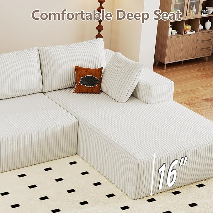 95 Cloud Sectional Couch with L-Shape Chaise Modular Comfy Sofa Chaise Longue Upholstered Corduroy Couches Sleeper with Deep Seat for Living Room Bedroom No Assembly Required(White Right Facing)