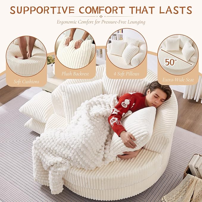 360 Degree Oversized Swivel Chair 50 Round Lounge Chair Modern Accent Circle Chair W/ 5 Pillows Upholstered Corduroy Sofa Chair for Living Room Bedroom Apartment Beige