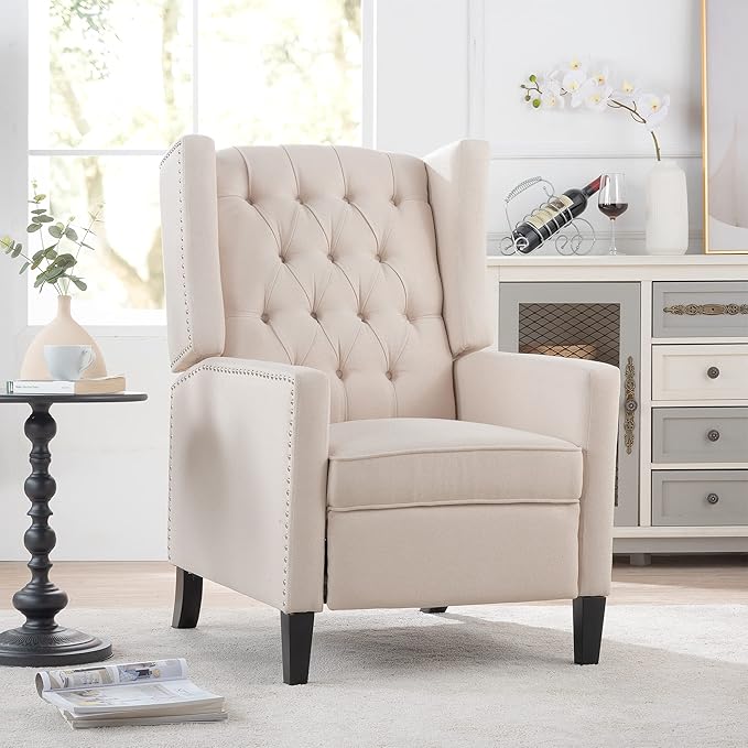 Push Back Recliner ChairEasy Chairs for Small SpacesComfy ArmchairReading Recliner Chairs for AdultsLiving Room Accent Chair Wingback and Rivets Design for Modern Recliner Chair(White)