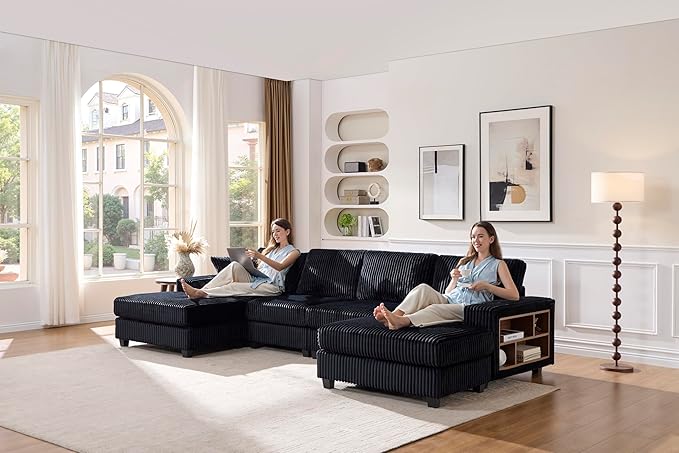 137” Oversized Corduroy Sectional Sleeper Sofa with Double Storage Chaise U Shaped 4 Seat Sectional CouchBlack