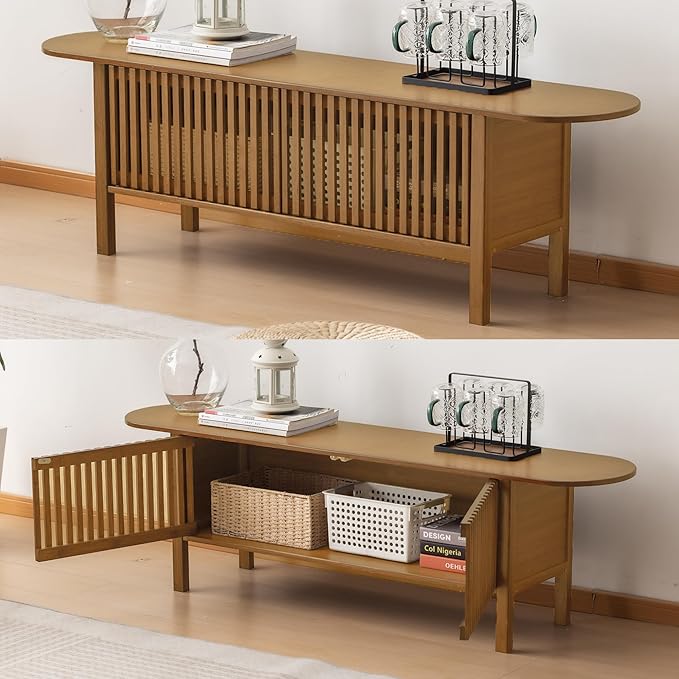 Bamboo TV Stand for TVs up to 65 Accent Entertainment Center with Storage Media Console Table with Fence Door Modern TV Stand for Living Room Bedroom 55(L) Walnut
