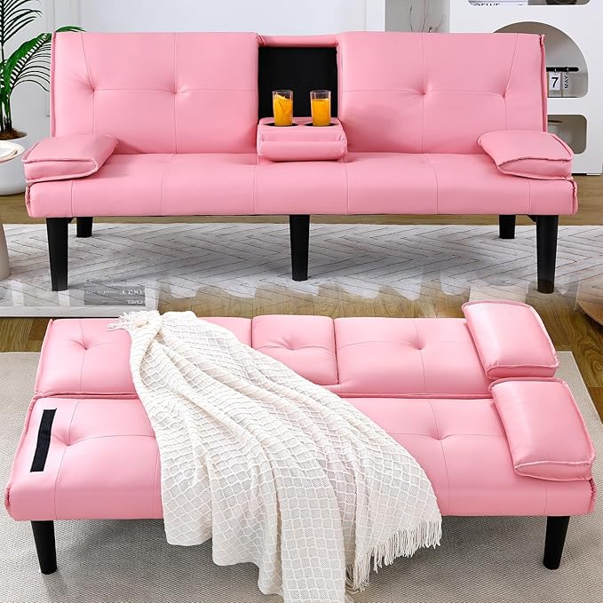 Convertible Folding Futon Sofa Bed Sleeper Couch for Living Room Modern Faux Leather Upholstered Loveseat w/Removable Armrests Metal Legs 2 CupHolders Love Seat Sofa Bed for Small Spaces (Pink)