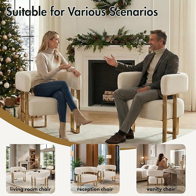 Cream Velvet Barrel Chair Gold Leg Accent Chair for Bedroom Upholstered Accent Seat for Living Room Bedroom Dressing Vanity Area